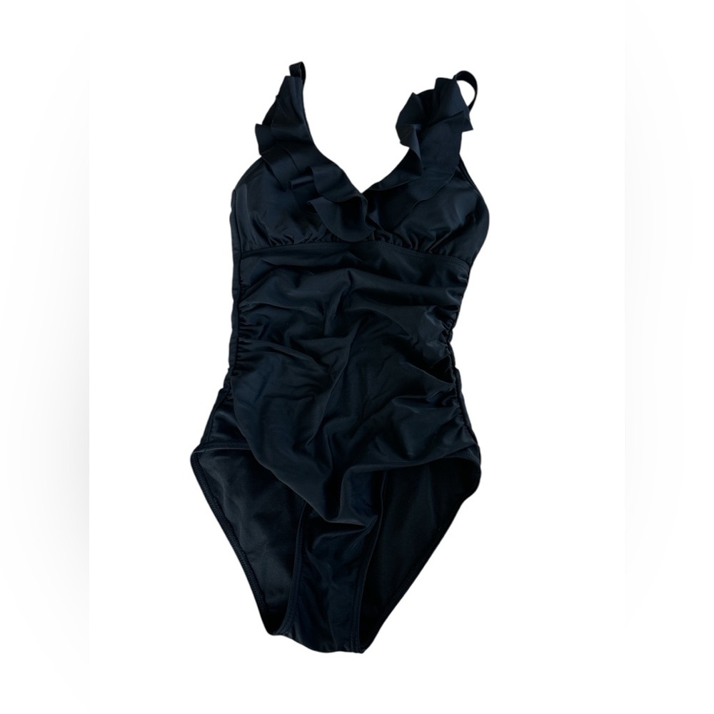 🌺La Blanca Black One Piece Swimsuit with V-Neck and Ruched Design